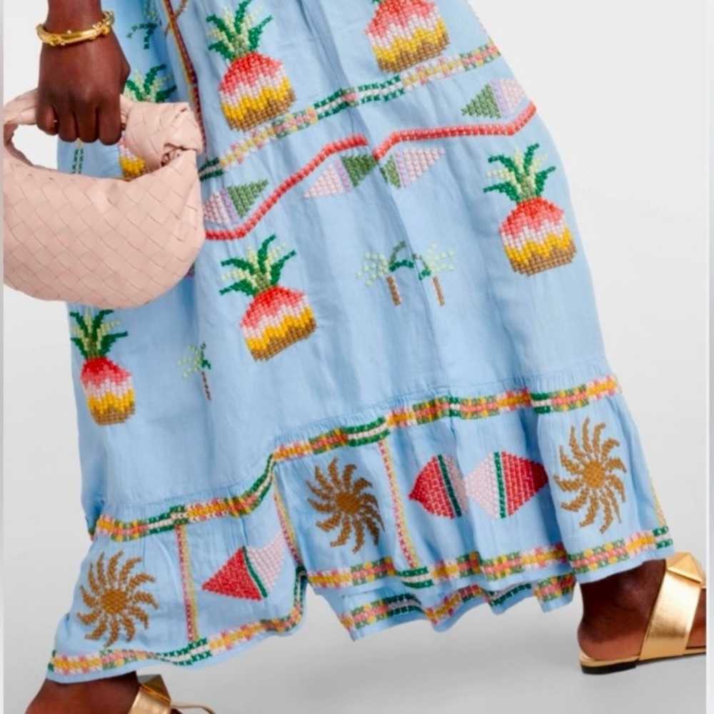 NEW FARM Rio Embroidered Pineapple Maxi Dress Beaded Tassel Linen Blue Size M - Picture 6 of 16
